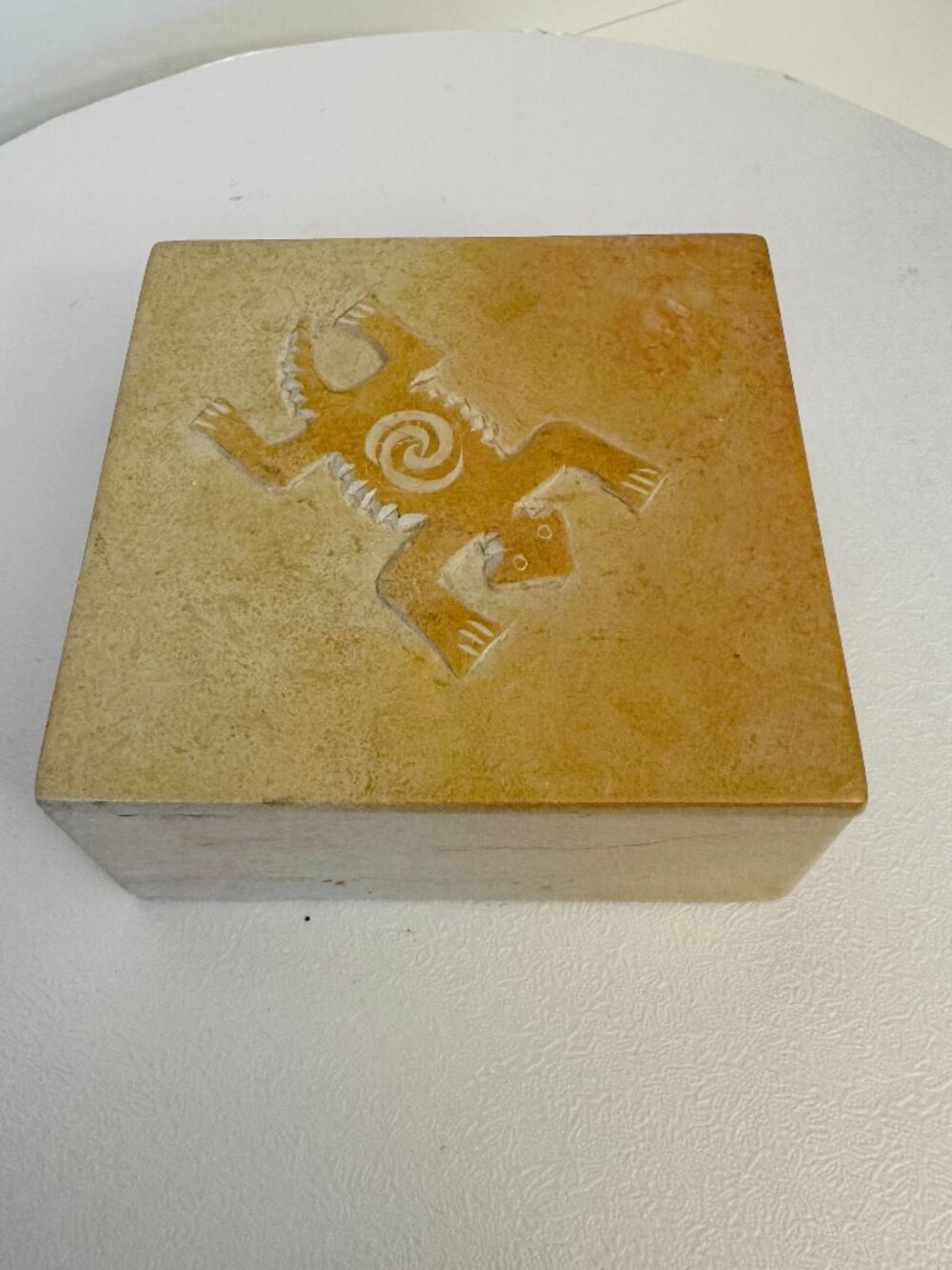Trinket Stone Box 4x4.25" Butterscotch Handcrafted Etched Lizard Motif Jewelry